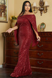 Burgundy Sequins Off Shoulder Formal Gown Evening Dress