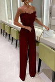Burgundy Strapless Jumpsuit With Feather