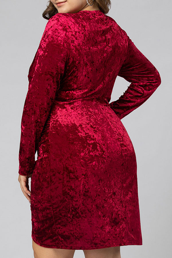Burgundy V-neck Asymmetric Mini Dress - Mislish