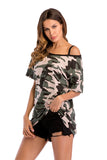 Camouflage Off-the-shoulder Asymmetrical Neck Tee - Mislish