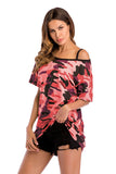 Camouflage Off-the-shoulder Asymmetrical Neck Tee - Mislish
