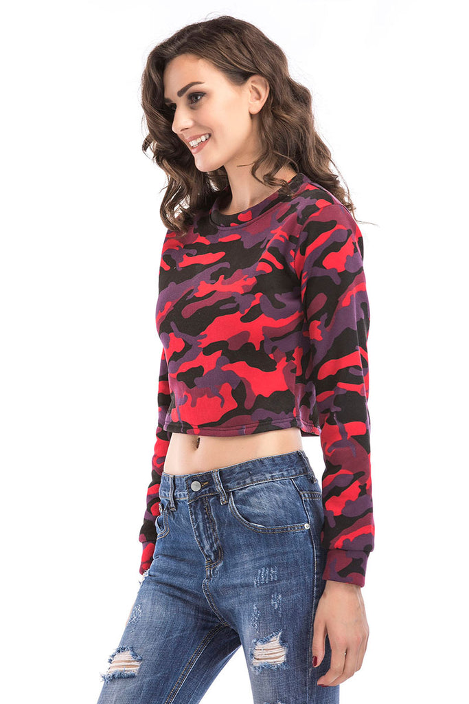 Camouflage Print Crop Pullover Sweatshirt - Mislish