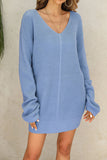 Casual Sky Blue Solid V-Neck Knitted Sweater