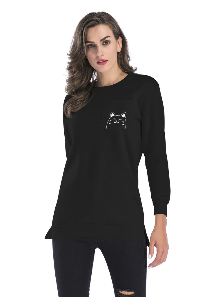 Cat Print Pocket Slit Side Pullover Sweatshirt - Mislish