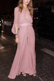 Celebrity Inspired Pink Long Sleeve Evening Gown 