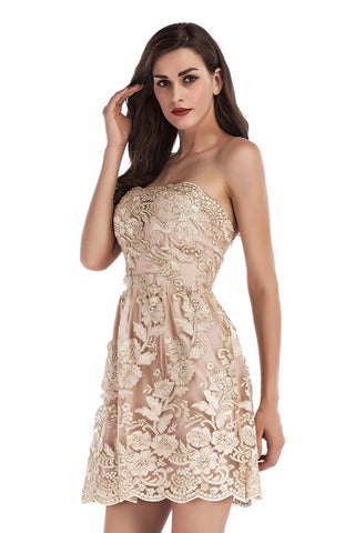 Champagne Embroidered Strapless Backless Prom Dress - Mislish