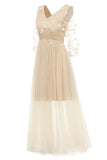 Champagne Long V-neck Applique A-line Prom Dress With Sleeves