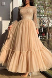 Champagne A-Line Long Sleeve Prom Gown Evening Dress