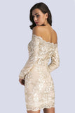 Champagne Off-the-shoulder  Embroidered Long-sleeved Bodycon Dress - Mislish