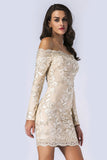 Champagne Off-the-shoulder  Embroidered Long-sleeved Bodycon Dress - Mislish