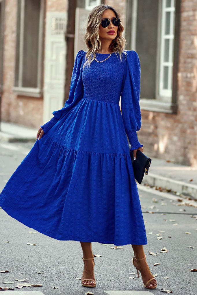 Chic Royal Blue A-Line Long Sleeve Midi Dress