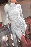 Chic Silver Long Sleeve High Neck Party Dress