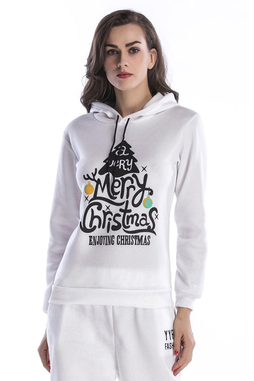 Christmas Tree Print Hooded Drawstring Sweatshirt - Mislish