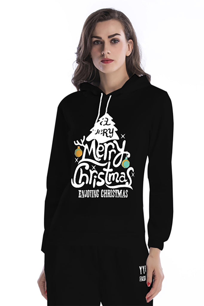 Christmas Tree Print Hooded Drawstring Sweatshirt - Mislish