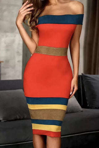 Color-block Off Shoulder Striped Bandage Dress - Mislish