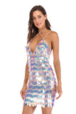 Colorful Sexy Sequined V-Neck Sparkly Backless Mini Dress - Mislish