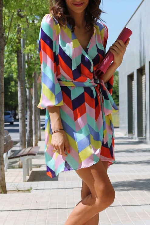 Colorful Geometric Print Lace-up Vacation Dress - Mislish