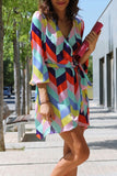 Colorful Geometric Print Lace-up Vacation Dress - Mislish