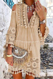 Cutout Shoulder Lace Tasseled Short Dress - Mislish