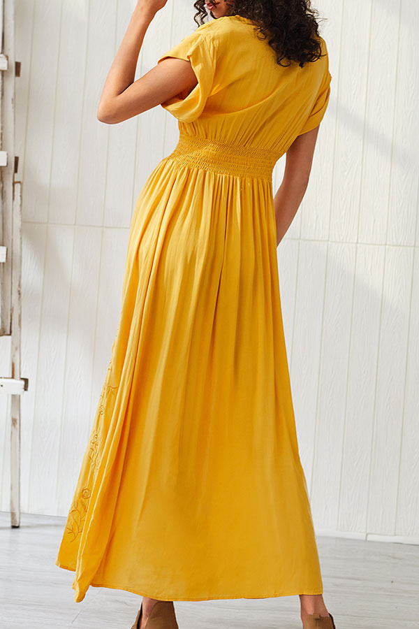 Yellow Slit Embroidered Maxi Dress - Mislish