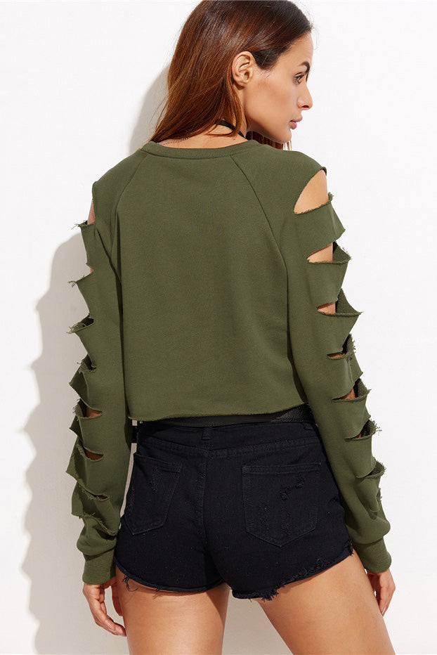 Dark Green Cut Out Sleeve Crop Sweatshirt - Mislish