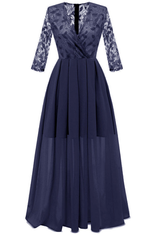 Dark Navy A-line Lace Prom Dress With Long Sleeves
