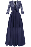 Dark Navy A-line Lace Prom Dress With Long Sleeves