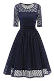 Dark Navy A-line Lace Prom Dress With Sleeves