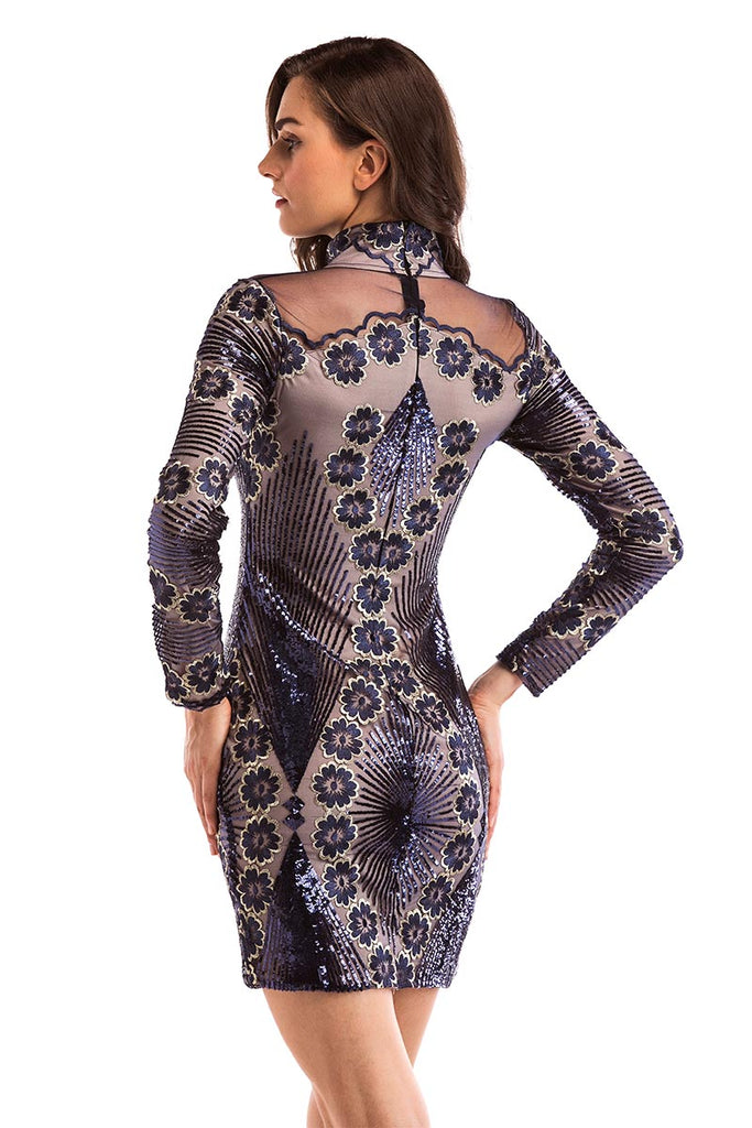 Dark Navy Embroidered Sequined Bodycon Dress With Long Sleeves - Mislish