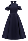 Dark Navy Fit And Flare Ruffled Off-the-shoulder Homecoming Dress