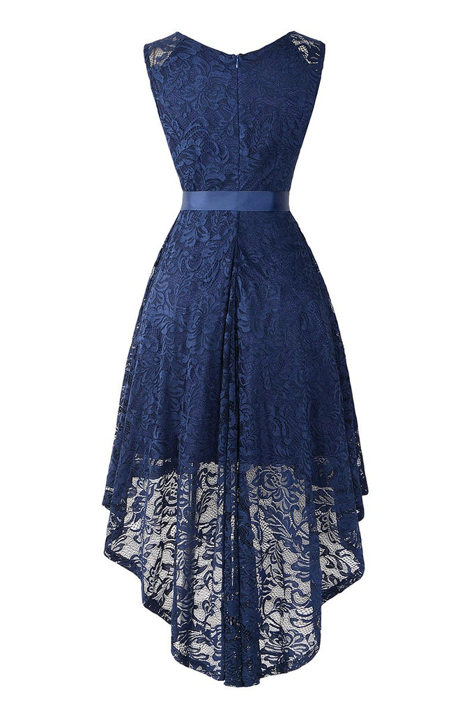 Dark Navy Knot Front High Low Lace Prom Dress - Mislish