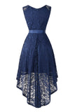 Dark Navy Knot Front High Low Lace Prom Dress - Mislish