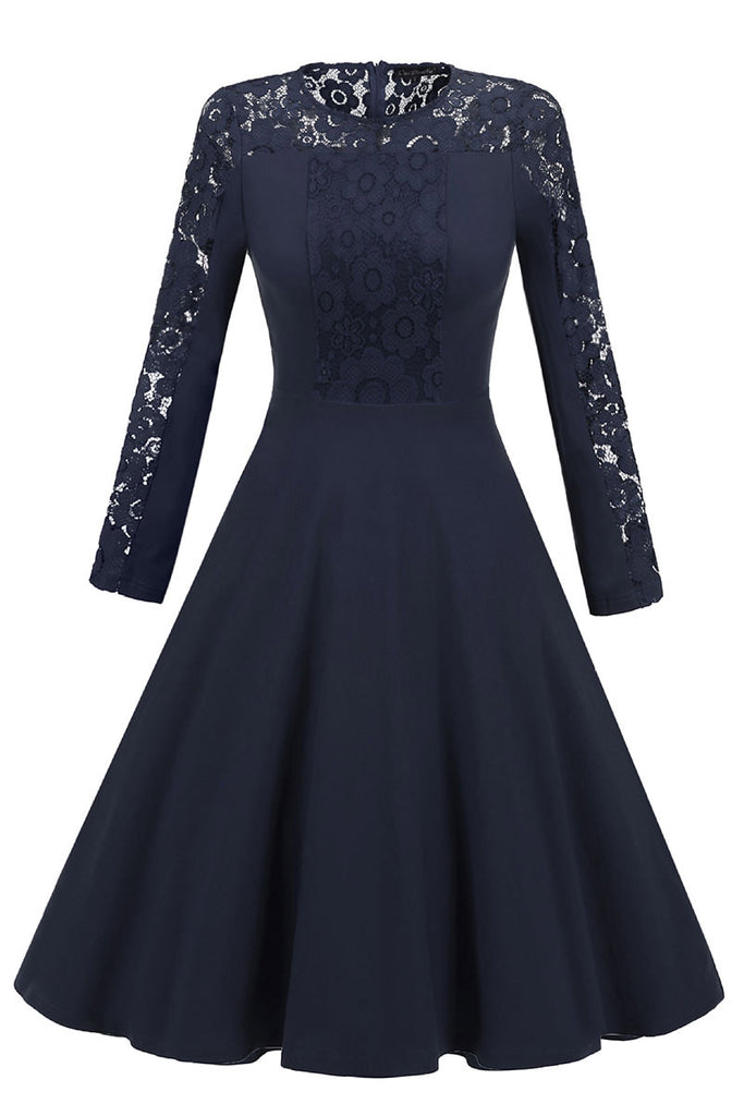Dark Navy Lace Fit And Flare Prom Dress With Long Sleeves