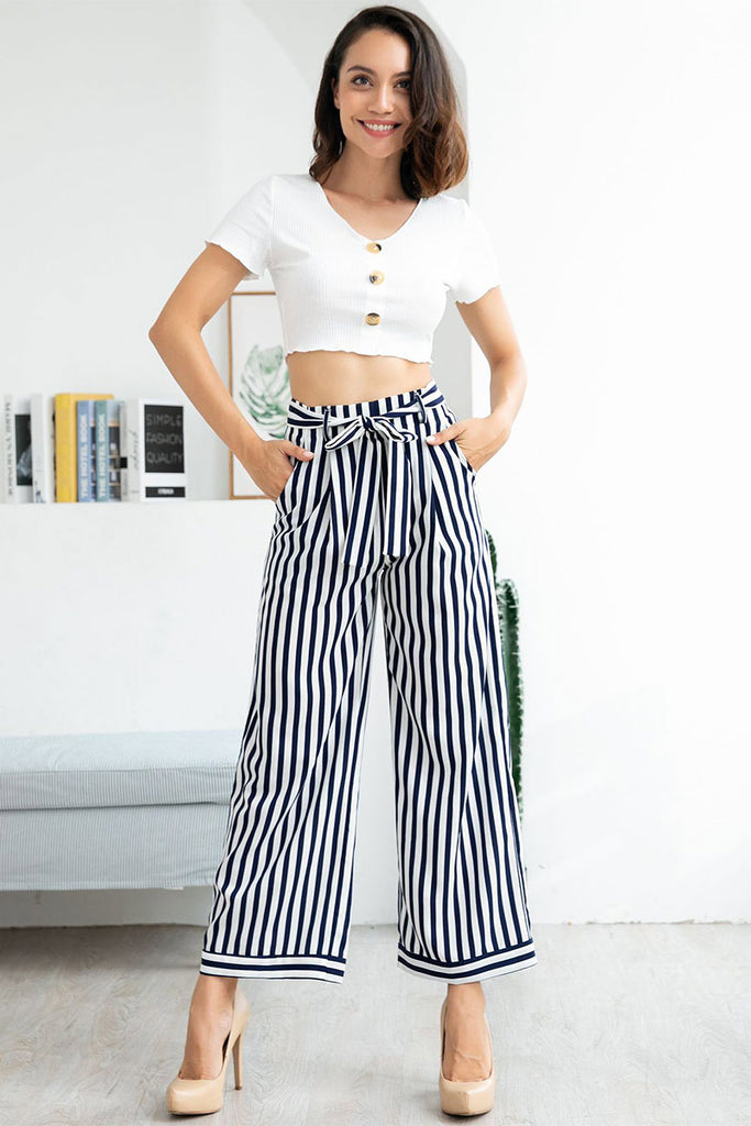 Dark Navy Lace-up Striped Empire Belted Pants - Mislish