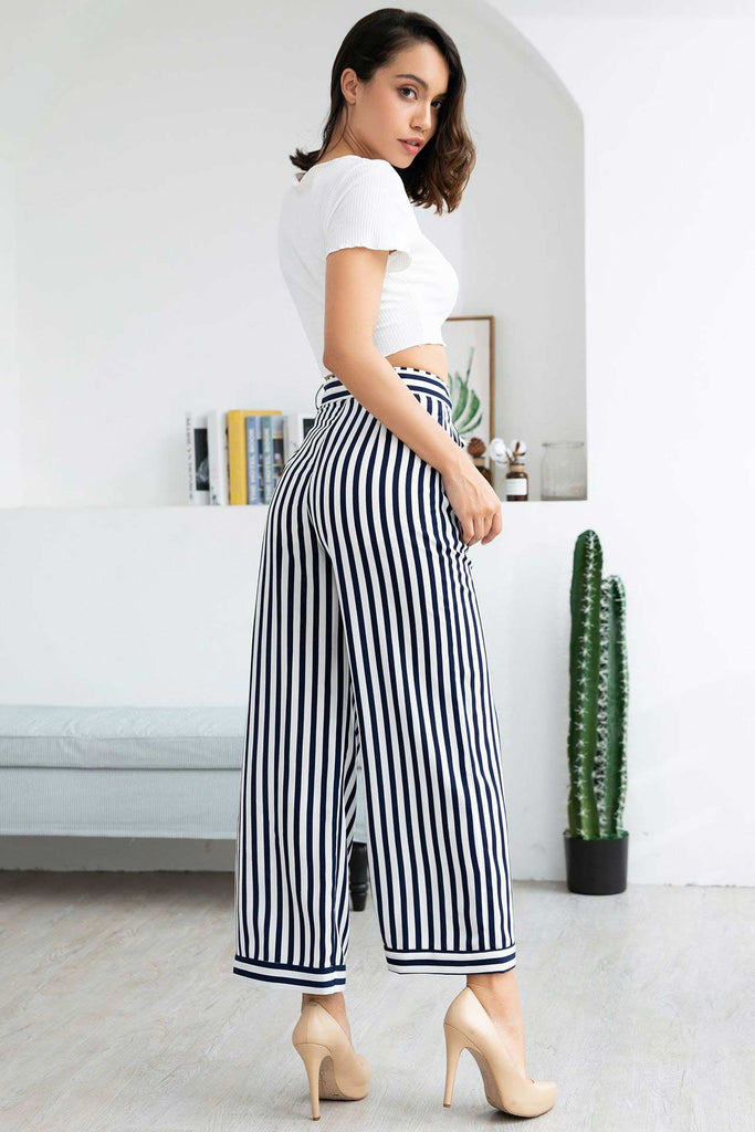 Dark Navy Lace-up Striped Empire Belted Pants - Mislish