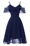 Dark Navy Off-the-shoulder A-line Spaghetti Strap Prom Dress