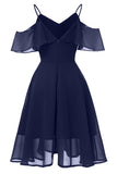 Dark Navy Off-the-shoulder A-line Spaghetti Strap Prom Dress