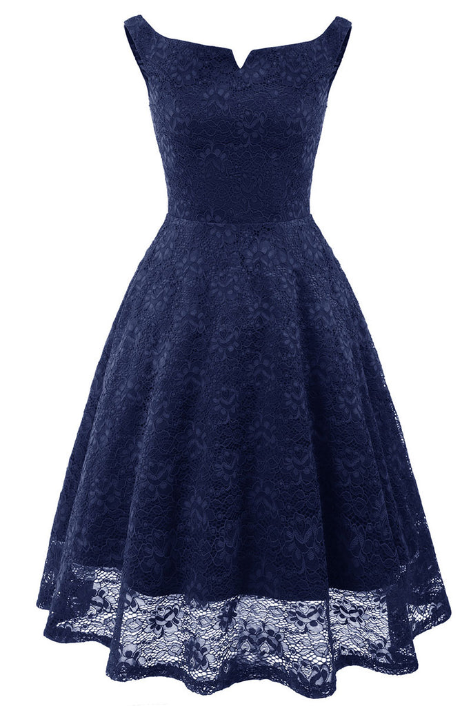 Dark Navy Off-the-shoulder Lace Homecoming Prom Dress