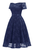 Dark Navy Off-the-shoulder Lace Prom Dress With Sleeves - Mislish