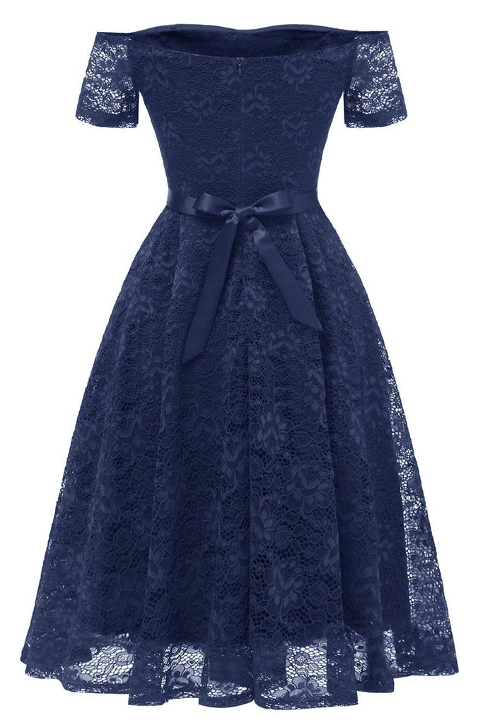 Dark Navy Off-the-shoulder Lace Prom Dress With Sleeves - Mislish