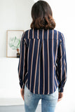 Dark Navy Striped Single Breasted Blouse With Long Sleeves - Mislish