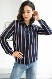 Dark Navy Striped Single Breasted Blouse With Long Sleeves - Mislish