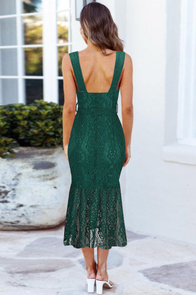 Mid Length Dark Green Lace Plunging Dress