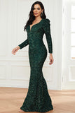 Dark Green Sequins Long Sleeve Prom Gown Evening Dress