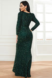 Dark Green Sequins Long Sleeve Prom Gown Evening Dress
