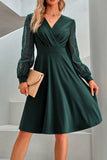 Dark Green V-Neck Long Sleeve A-Line Dress