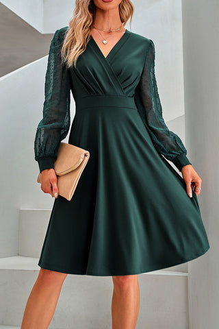 Dark Green V-Neck Long Sleeve A-Line Dress