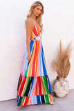 Deep V-Neck Sleeveless Backless Rainbow Stripe Evening Dress  