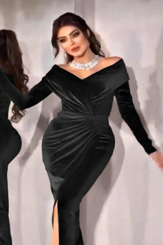Elegant Long Sleeve Velvet Formal Gown Evening Dress