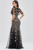 Elegant Black Embroidered Mermaid Tulle Evening Prom Dress